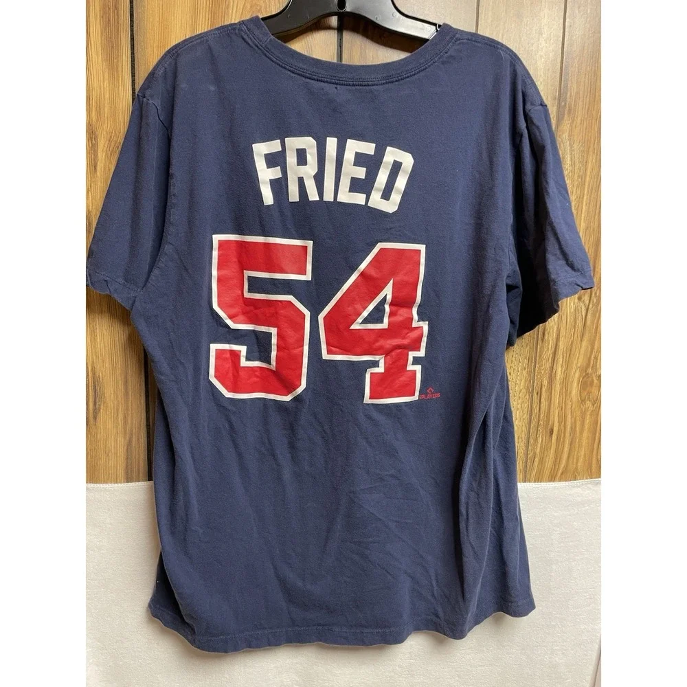Nike Atlanta Braves Womens Large Max Fried #54 Player T-Shirt Navy Blue Tomahawk
